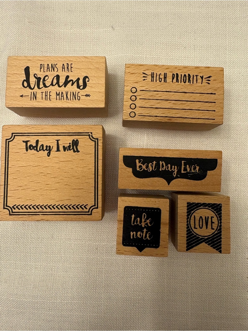 Wooden Stamp Set of 6 - Scrapbooking Journaling Cards Crafts NWOT, Love Best Day